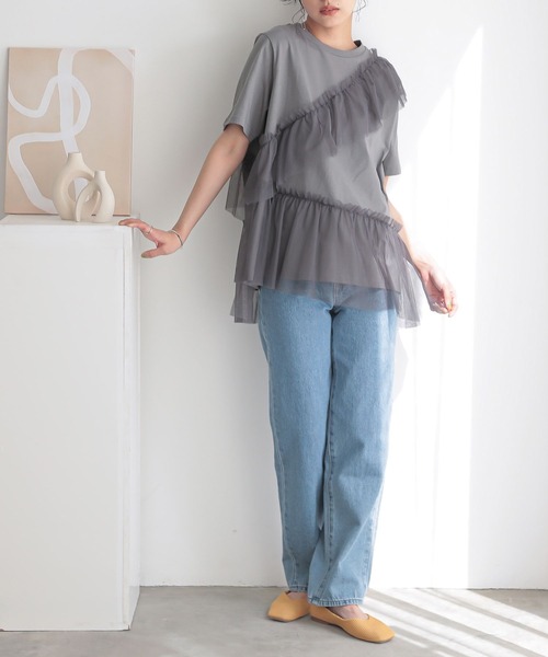 n'OrLABEL(ノアールレーベル)の「【吸湿冷感】ひんやりチュールフリルドッキングカットソー(Tシャツ/カットソー・レディース・ブラック/チャコール/オフホワイト・2/1)」の10枚目の写真
