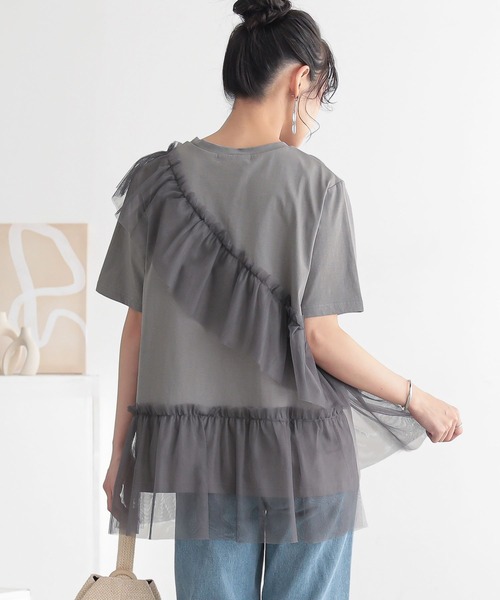 n'OrLABEL(ノアールレーベル)の「【吸湿冷感】ひんやりチュールフリルドッキングカットソー(Tシャツ/カットソー・レディース・ブラック/チャコール/オフホワイト・2/1)」の7枚目の写真