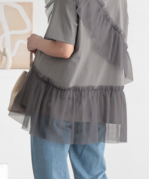 n'OrLABEL(ノアールレーベル)の「【吸湿冷感】ひんやりチュールフリルドッキングカットソー(Tシャツ/カットソー・レディース・ブラック/チャコール/オフホワイト・2/1)」の9枚目の写真