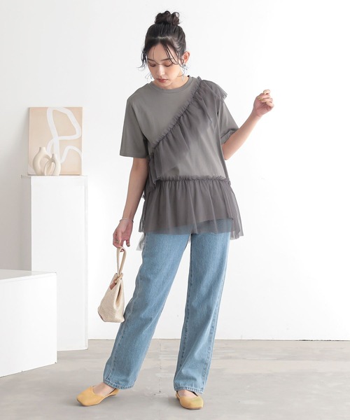 n'OrLABEL(ノアールレーベル)の「【吸湿冷感】ひんやりチュールフリルドッキングカットソー(Tシャツ/カットソー・レディース・ブラック/チャコール/オフホワイト・2/1)」の11枚目の写真