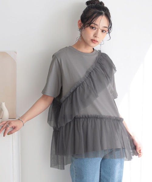 n'OrLABEL(ノアールレーベル)の「【吸湿冷感】ひんやりチュールフリルドッキングカットソー(Tシャツ/カットソー・レディース・ブラック/チャコール/オフホワイト・2/1)」の8枚目の写真