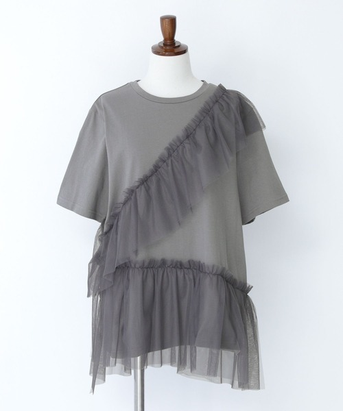 n'OrLABEL(ノアールレーベル)の「【吸湿冷感】ひんやりチュールフリルドッキングカットソー(Tシャツ/カットソー・レディース・ブラック/チャコール/オフホワイト・2/1)」の21枚目の写真
