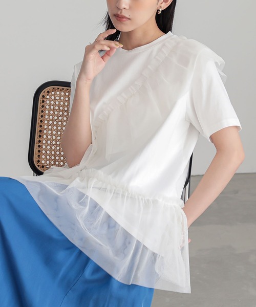 n'OrLABEL(ノアールレーベル)の「【吸湿冷感】ひんやりチュールフリルドッキングカットソー(Tシャツ/カットソー・レディース・ブラック/チャコール/オフホワイト・2/1)」の14枚目の写真