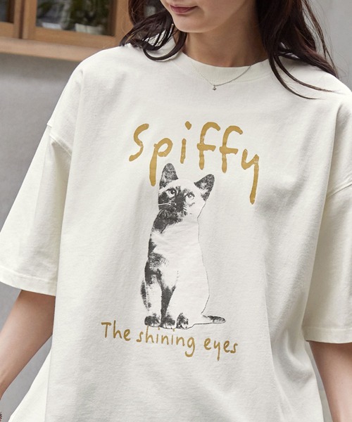 MONO-MART(モノマート)の「ヴィンテージ加工 アニマルプリントキャット半袖Tシャツ(Tシャツ/カットソー・レディース・ホワイト系/ブラック系/ブラック/ピンク/オフホワイト・FREE)」の2枚目の写真