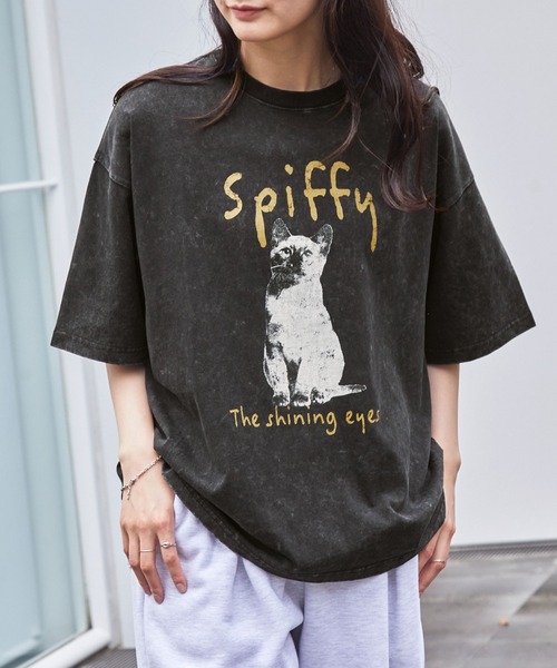 MONO-MART(モノマート)の「ヴィンテージ加工 アニマルプリントキャット半袖Tシャツ(Tシャツ/カットソー・レディース・ホワイト系/ブラック系/ブラック/ピンク/オフホワイト・FREE)」の4枚目の写真