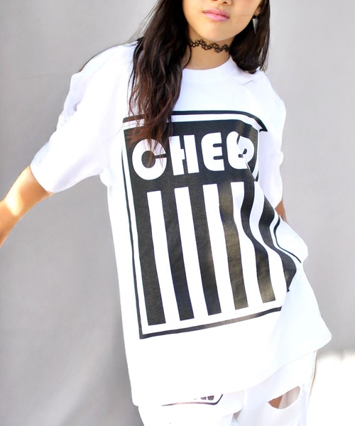 CHEER(チアー)の「ダメージ加工プリントBIGTEE(Tシャツ/カットソー・レディース・ホワイト/ブラック・L/M/S)」の1枚目の写真