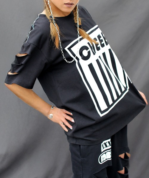 CHEER(チアー)の「ダメージ加工プリントBIGTEE(Tシャツ/カットソー・レディース・ホワイト/ブラック・L/M/S)」の2枚目の写真