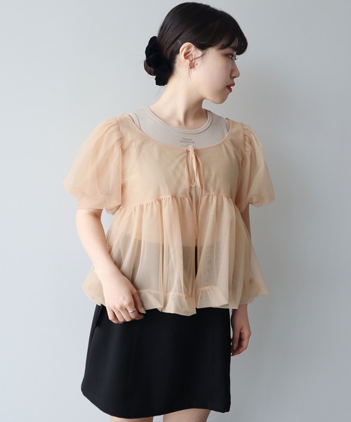 tシャツ SET2点チュールバルーンブラウス＋ロゴタンク レディース SET2点チュールバルーンブラウス＋ロゴタンク（Tシャツ