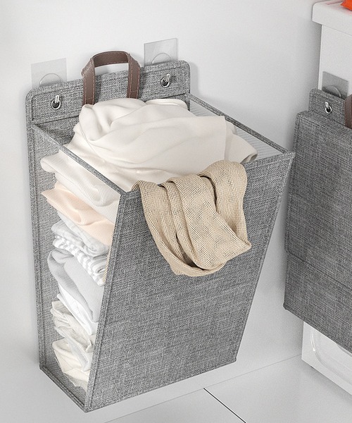 CALIFORNIA OUTFITTERS（カリフォルニア アウトフィッターズ）の「5E12 壁掛け 吊り下げ 持ち手付き マルチランドリーバッグ ランドリーバスケット 洗濯かご 浮かせる収納（ランドリーグッズ・レディース・ベージュ/グレー・M/L）」の8枚目の写真