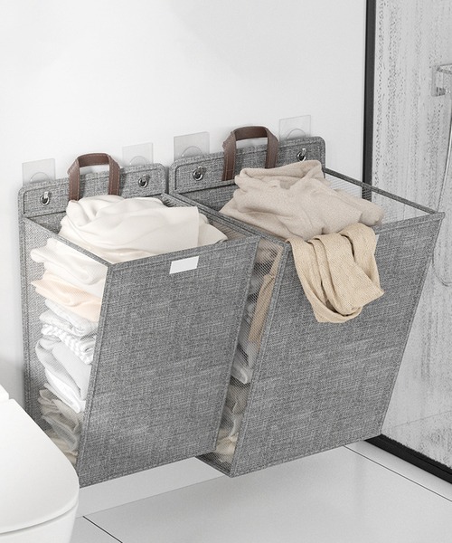 CALIFORNIA OUTFITTERS（カリフォルニア アウトフィッターズ）の「5E12 壁掛け 吊り下げ 持ち手付き マルチランドリーバッグ ランドリーバスケット 洗濯かご 浮かせる収納（ランドリーグッズ・レディース・ベージュ/グレー・M/L）」の7枚目の写真