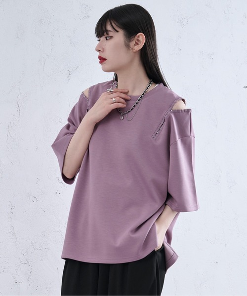 Ellno Loset(エルノロゼット)の「ショルダーホックポンチTシャツ(Tシャツ/カットソー・メンズ・オフホワイト/ブラック/ライトパープル・LARGE/SMALL/MEDIUM)」の3枚目の写真