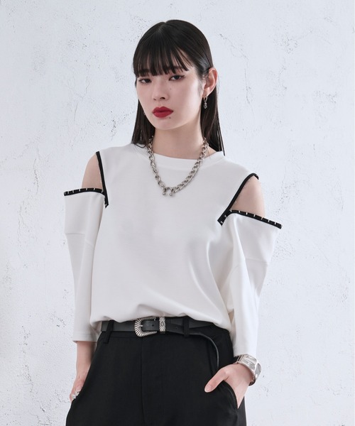 Ellno Loset(エルノロゼット)の「ショルダーホックポンチTシャツ(Tシャツ/カットソー・メンズ・オフホワイト/ブラック/ライトパープル・LARGE/SMALL/MEDIUM)」の1枚目の写真