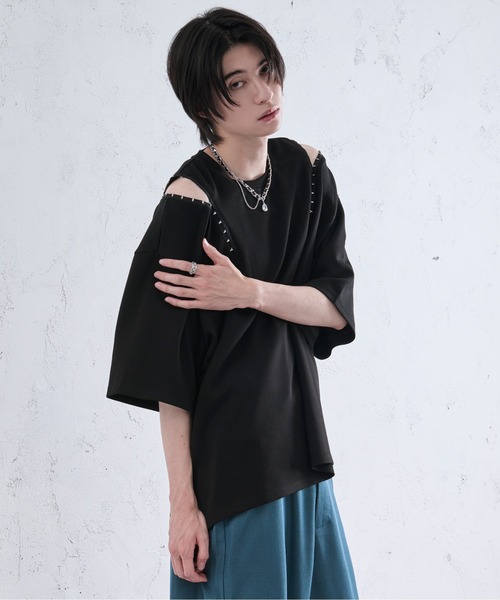 Ellno Loset(エルノロゼット)の「ショルダーホックポンチTシャツ(Tシャツ/カットソー・メンズ・オフホワイト/ブラック/ライトパープル・LARGE/SMALL/MEDIUM)」の2枚目の写真