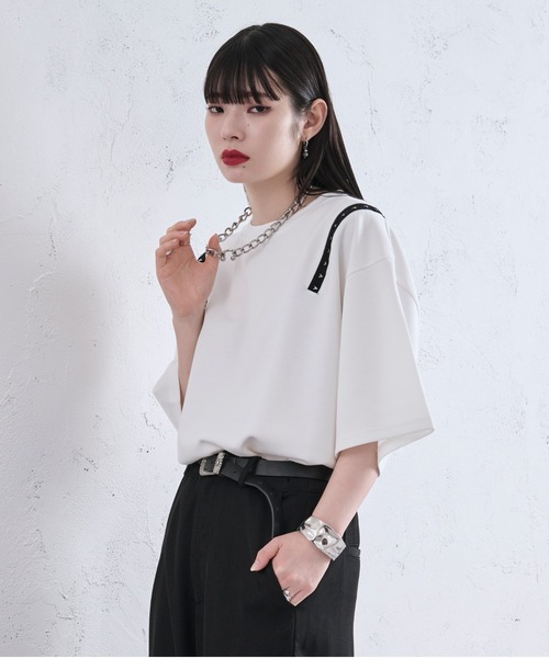 Ellno Loset(エルノロゼット)の「ショルダーホックポンチTシャツ(Tシャツ/カットソー・メンズ・オフホワイト/ブラック/ライトパープル・LARGE/SMALL/MEDIUM)」の8枚目の写真