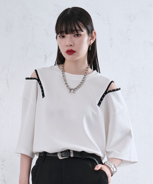 Ellno Loset(エルノロゼット)の「ショルダーホックポンチTシャツ(Tシャツ/カットソー・メンズ・オフホワイト/ブラック/ライトパープル・LARGE/SMALL/MEDIUM)」の12枚目の写真