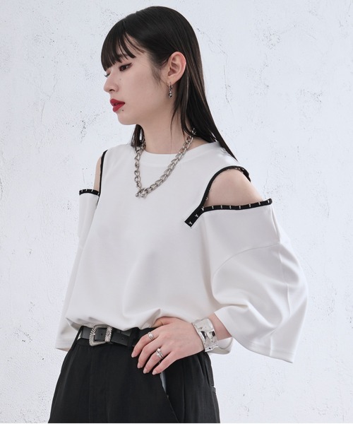 Ellno Loset(エルノロゼット)の「ショルダーホックポンチTシャツ(Tシャツ/カットソー・メンズ・オフホワイト/ブラック/ライトパープル・LARGE/SMALL/MEDIUM)」の14枚目の写真