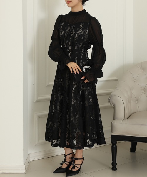 Lace Ladies(レースレディース)の「チョーカーネック 花柄 レース ドッキング キャンディースリーブ ドレス(ドレス・レディース・チャコールグレー/ベージュ/ネイビー/ブラック・FREE/S)」の1枚目の写真