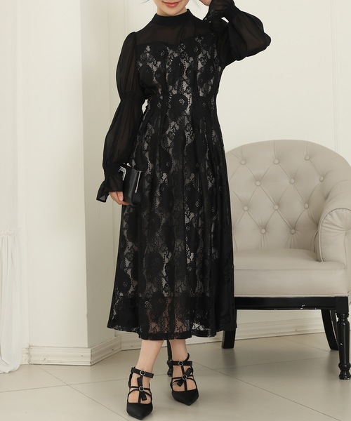 Lace Ladies(レースレディース)の「チョーカーネック 花柄 レース ドッキング キャンディースリーブ ドレス(ドレス・レディース・チャコールグレー/ベージュ/ネイビー/ブラック・FREE/S)」の5枚目の写真