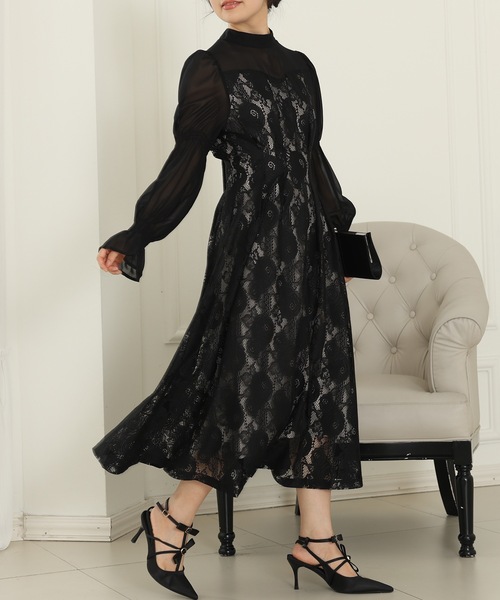 Lace Ladies(レースレディース)の「チョーカーネック 花柄 レース ドッキング キャンディースリーブ ドレス(ドレス・レディース・チャコールグレー/ベージュ/ネイビー/ブラック・FREE/S)」の6枚目の写真