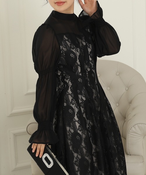 Lace Ladies(レースレディース)の「チョーカーネック 花柄 レース ドッキング キャンディースリーブ ドレス(ドレス・レディース・チャコールグレー/ベージュ/ネイビー/ブラック・FREE/S)」の7枚目の写真