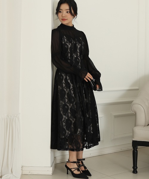 Lace Ladies(レースレディース)の「チョーカーネック 花柄 レース ドッキング キャンディースリーブ ドレス(ドレス・レディース・チャコールグレー/ベージュ/ネイビー/ブラック・FREE/S)」の8枚目の写真