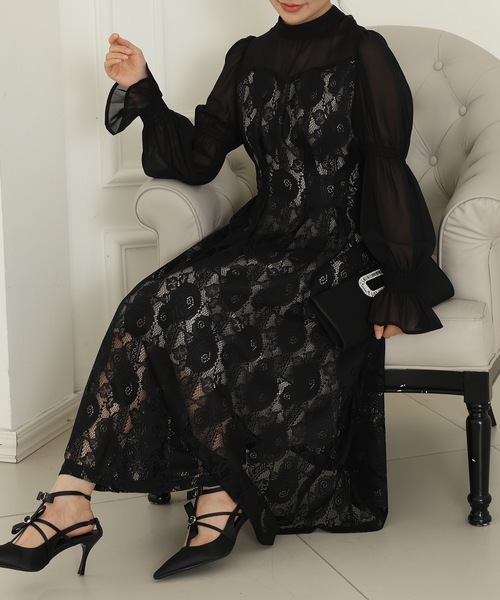 Lace Ladies(レースレディース)の「チョーカーネック 花柄 レース ドッキング キャンディースリーブ ドレス(ドレス・レディース・チャコールグレー/ベージュ/ネイビー/ブラック・FREE/S)」の9枚目の写真