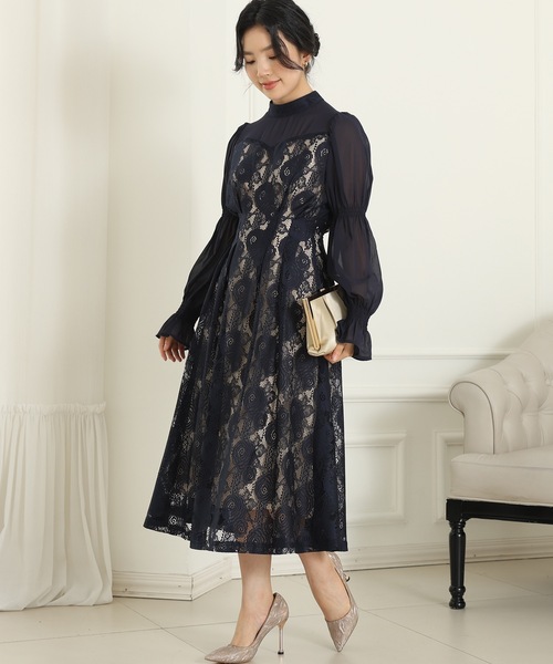 Lace Ladies(レースレディース)の「チョーカーネック 花柄 レース ドッキング キャンディースリーブ ドレス(ドレス・レディース・チャコールグレー/ベージュ/ネイビー/ブラック・FREE/S)」の10枚目の写真