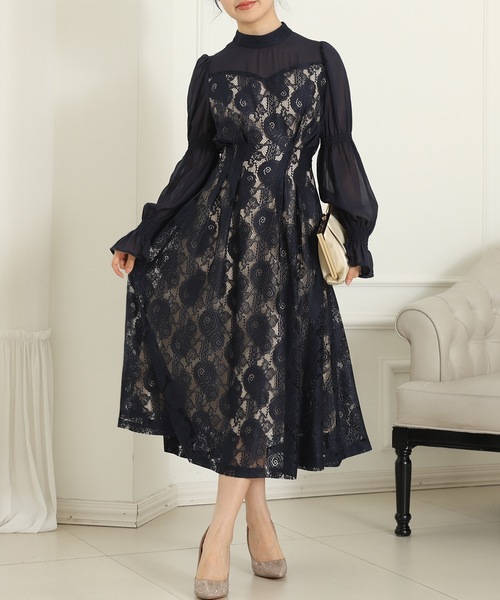 Lace Ladies(レースレディース)の「チョーカーネック 花柄 レース ドッキング キャンディースリーブ ドレス(ドレス・レディース・チャコールグレー/ベージュ/ネイビー/ブラック・FREE/S)」の12枚目の写真