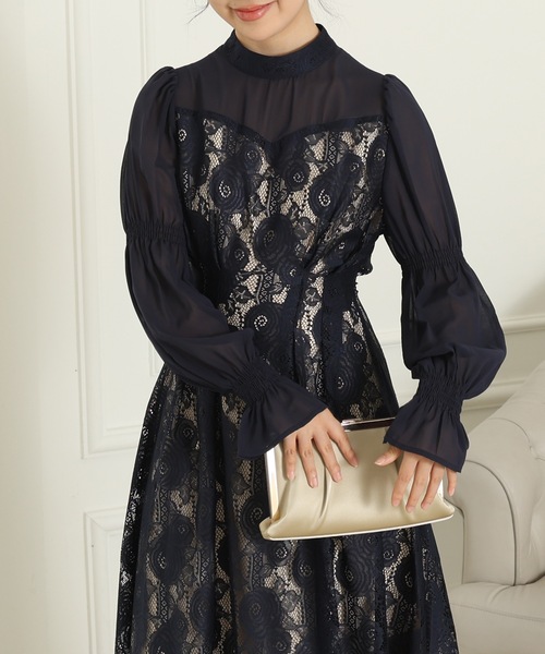 Lace Ladies(レースレディース)の「チョーカーネック 花柄 レース ドッキング キャンディースリーブ ドレス(ドレス・レディース・チャコールグレー/ベージュ/ネイビー/ブラック・FREE/S)」の13枚目の写真