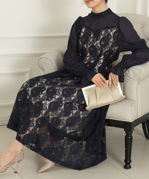 Lace Ladies(レースレディース)の「チョーカーネック 花柄 レース ドッキング キャンディースリーブ ドレス(ドレス・レディース・チャコールグレー/ベージュ/ネイビー/ブラック・FREE/S)」の14枚目の写真