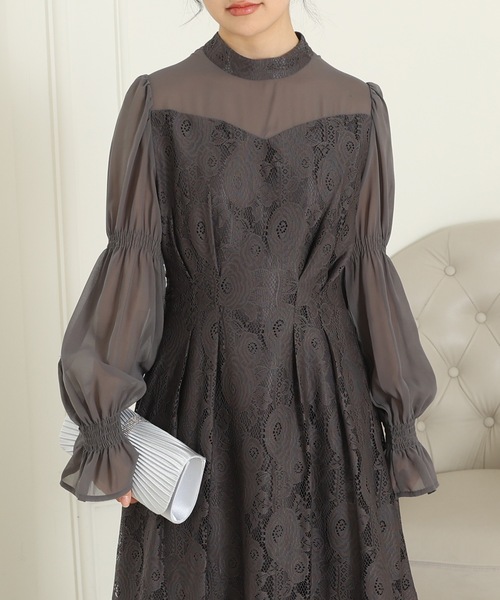 Lace Ladies(レースレディース)の「チョーカーネック 花柄 レース ドッキング キャンディースリーブ ドレス(ドレス・レディース・チャコールグレー/ベージュ/ネイビー/ブラック・FREE/S)」の16枚目の写真