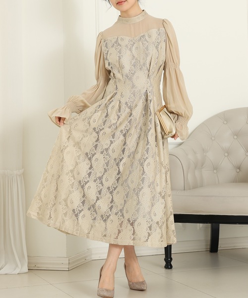 Lace Ladies(レースレディース)の「チョーカーネック 花柄 レース ドッキング キャンディースリーブ ドレス(ドレス・レディース・チャコールグレー/ベージュ/ネイビー/ブラック・FREE/S)」の21枚目の写真
