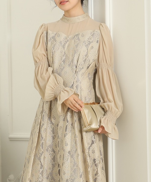 Lace Ladies(レースレディース)の「チョーカーネック 花柄 レース ドッキング キャンディースリーブ ドレス(ドレス・レディース・チャコールグレー/ベージュ/ネイビー/ブラック・FREE/S)」の22枚目の写真