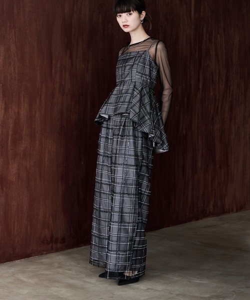 etoll.(エトル)の「3piece シアーチェックビスチェ&タックワイドパンツ セットアップ(パンツドレス・レディース・ネイビー/グレー・S/M)」の1枚目の写真