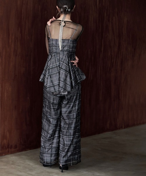 etoll.(エトル)の「3piece シアーチェックビスチェ&タックワイドパンツ セットアップ(パンツドレス・レディース・ネイビー/グレー・S/M)」の5枚目の写真