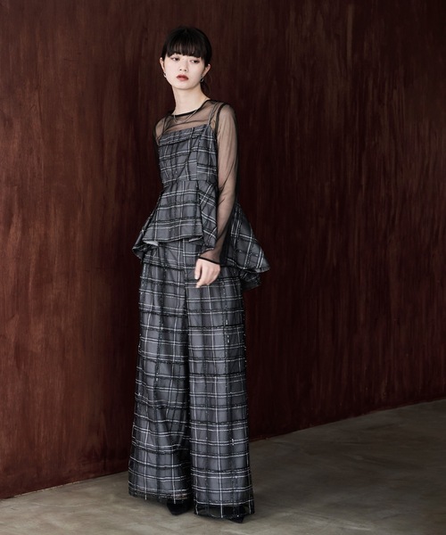 etoll.(エトル)の「3piece シアーチェックビスチェ&タックワイドパンツ セットアップ(パンツドレス・レディース・ネイビー/グレー・S/M)」の9枚目の写真