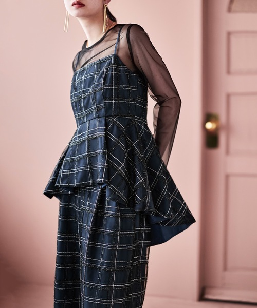 etoll.(エトル)の「3piece シアーチェックビスチェ&タックワイドパンツ セットアップ(パンツドレス・レディース・ネイビー/グレー・S/M)」の13枚目の写真