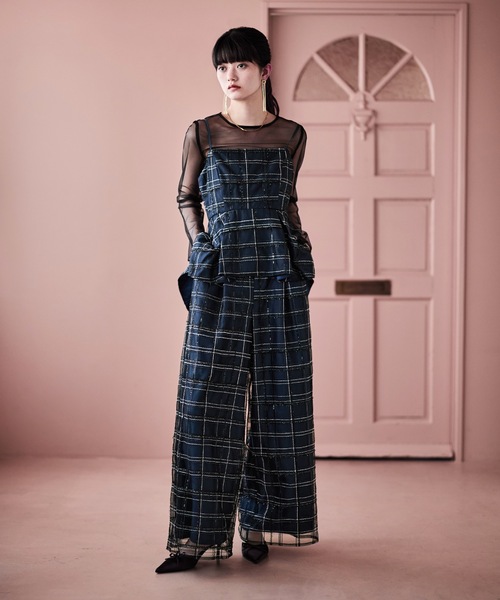 etoll.(エトル)の「3piece シアーチェックビスチェ&タックワイドパンツ セットアップ(パンツドレス・レディース・ネイビー/グレー・S/M)」の14枚目の写真