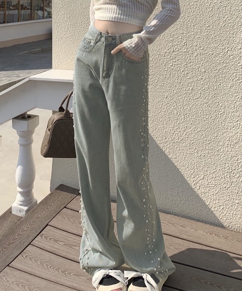 パール付デニムストレートパンツ セール】パール付きデニムストレートパンツ（デニムパンツ