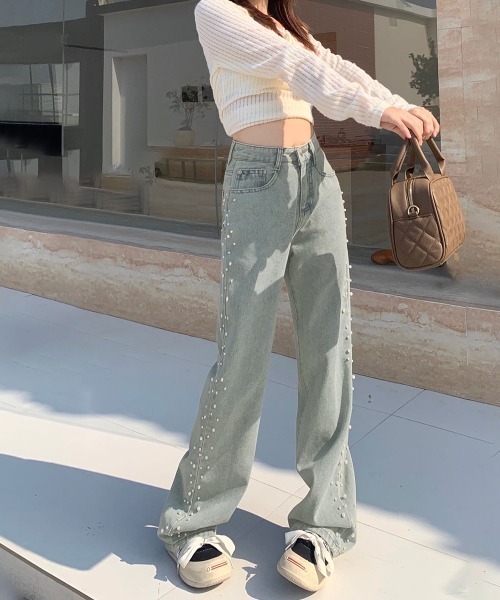 パール付デニムストレートパンツ セール】パール付きデニムストレートパンツ（デニムパンツ