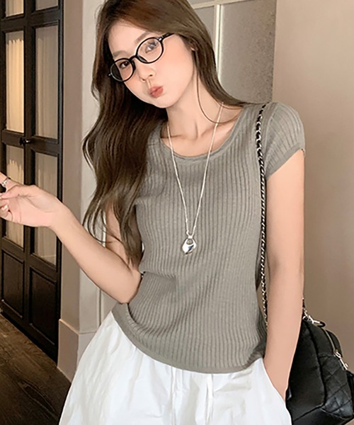 Girly Doll(ガーリードール)の「クルーネックショートスリーブリブニット(ニット/セーター・レディース・ベージュ/ライトグレー/パープル/ダークグレー・FREE)」の2枚目の写真