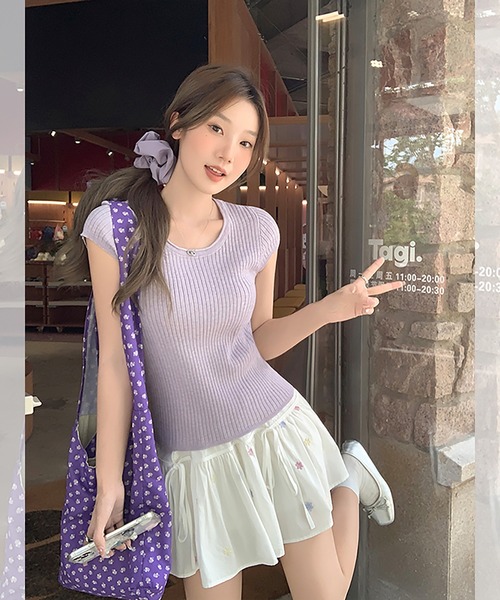 Girly Doll(ガーリードール)の「クルーネックショートスリーブリブニット(ニット/セーター・レディース・ベージュ/ライトグレー/パープル/ダークグレー・FREE)」の21枚目の写真
