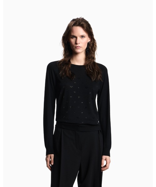 EMPORIO ARMANI（エンポリオアルマーニ）の「【エンポリオ アルマーニ】クルーネックニット バージンウール プレーンニット マイクロラインストーン（ニット/セーター・レディース・ブラック系1・LARGE/MEDIUM/SMALL）」の2枚目の写真