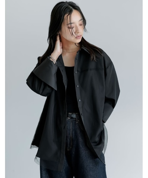 Re:EDIT(リエディ)の「ブロードオーバーサイズチュールレイヤーシャツ(シャツ/ブラウス・レディース・ブラック/ブラウン/オフホワイト/ブルー・FREE)」の3枚目の写真