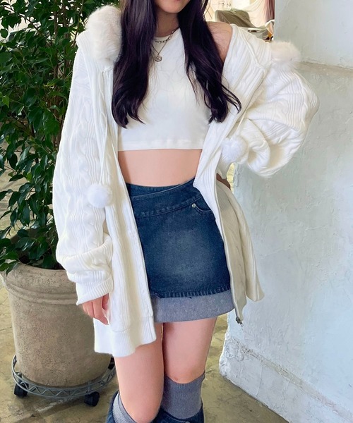 SPIRALGIRL（スパイラルガール）の「ぽんぽん付きケーブル編みZIPニットパーカーワンピース（ニット/セーター・レディース・オフホワイト/ブラック/ベージュ・FREE）」の11枚目の写真