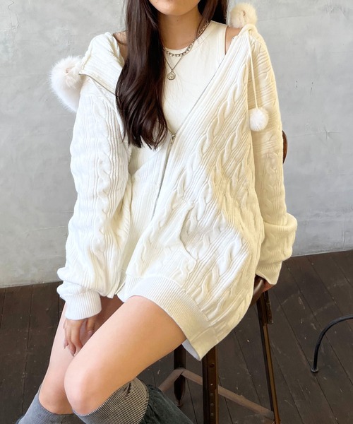 セール】ぽんぽん付きケーブル編みZIPニットパーカーワンピース