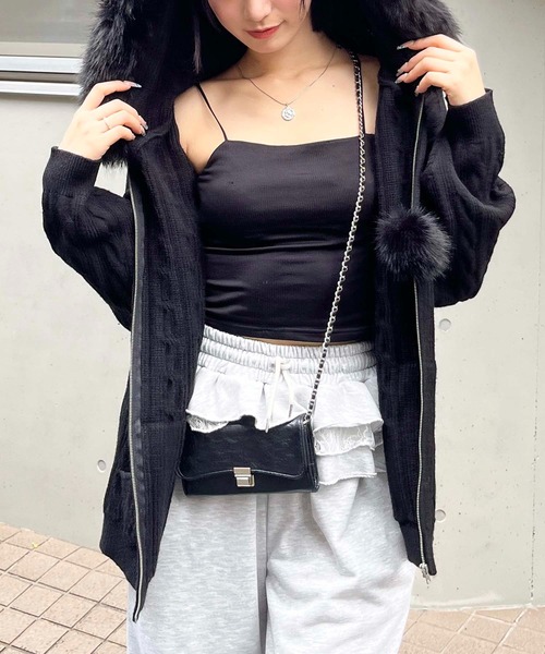 10T173☆ STATE OF MIND 新品ニット パーカー ワンピース M セール】ぽんぽん付きケーブル編みZIPニットパーカーワンピース