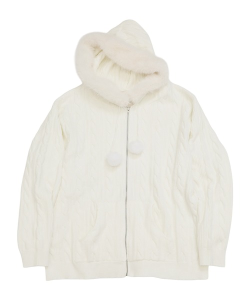 ぽんぽん付きケーブル編みZIPニットパーカーワンピース（ニット