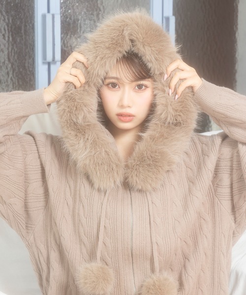 セール】ぽんぽん付きケーブル編みZIPニットパーカーワンピース