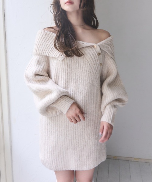 mellowneon(メロウネオン)の「ボタンディテールラメニットミニワンピース(ニット/セーター・レディース・オフホワイト/グレー/ベージュ・FREE)」の3枚目の写真